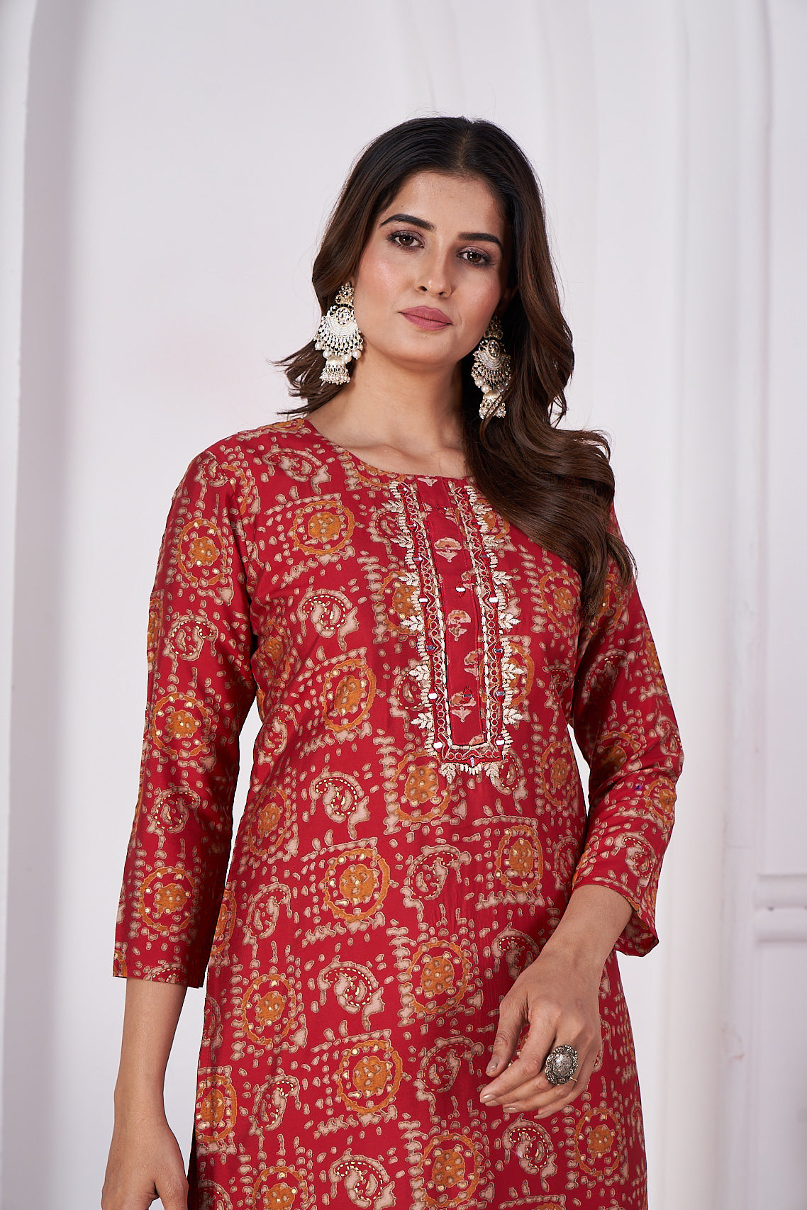 maroon foil printed viscose straight kurti sets