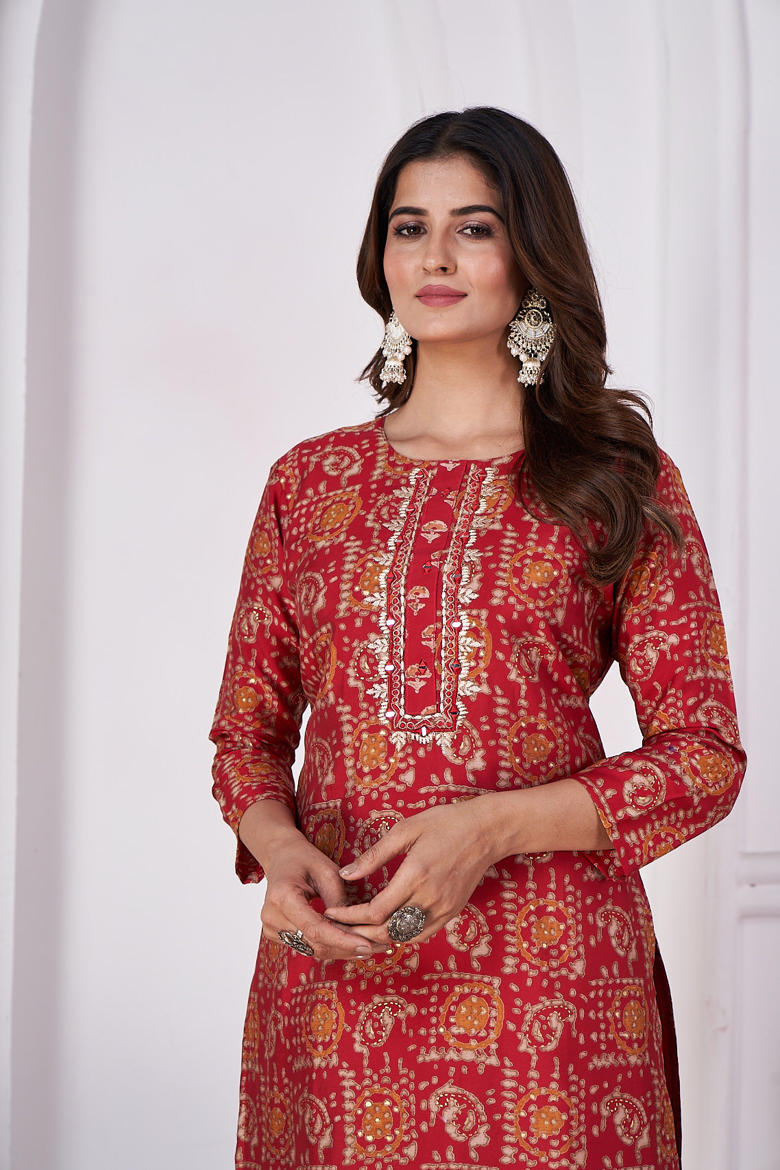 maroon foil printed viscose straight kurti sets