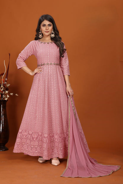Pink Faux Georgette Embroidered Long Anarkali Suit