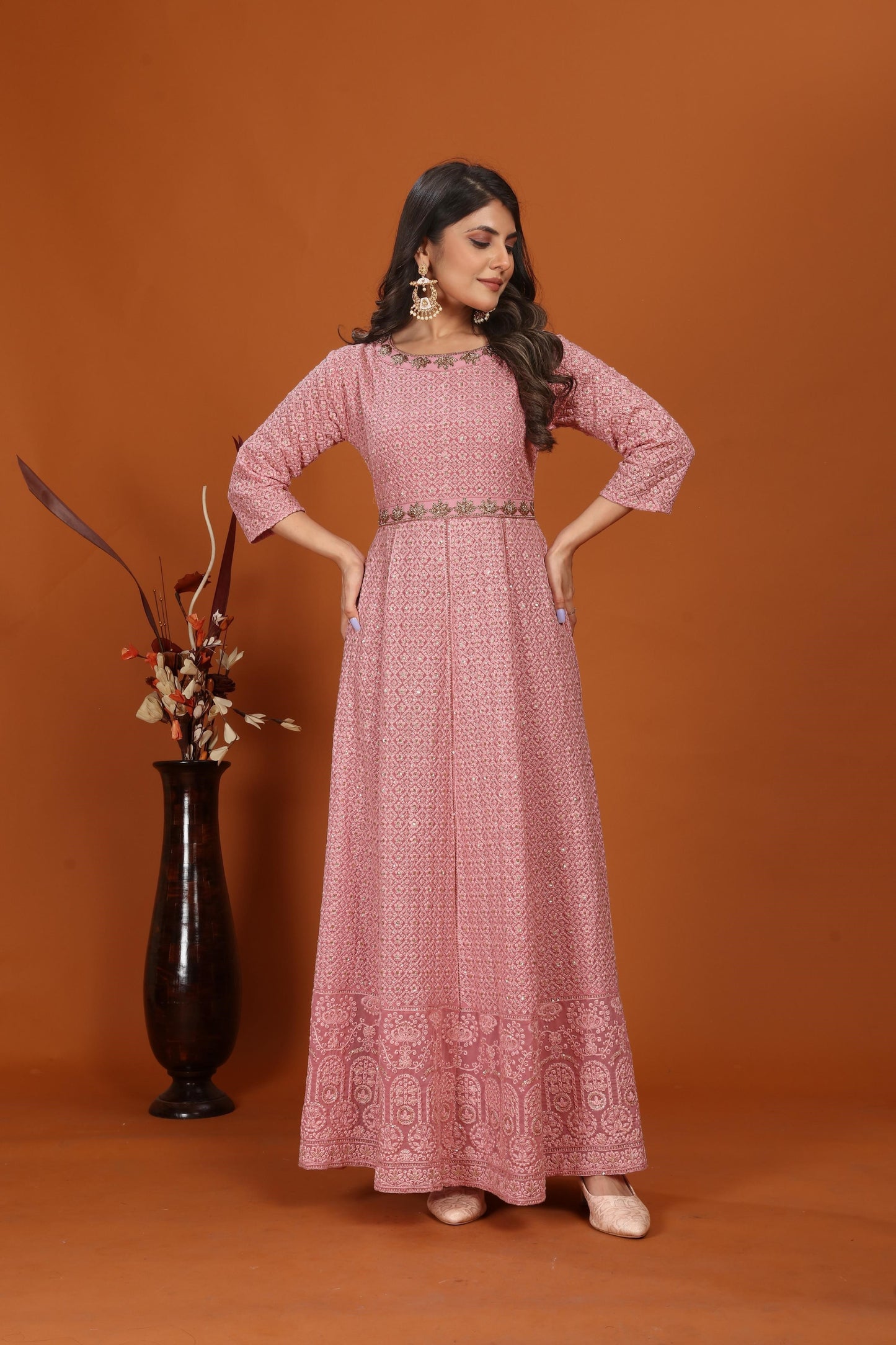 pink faux georgette embroidered long anarkali suit