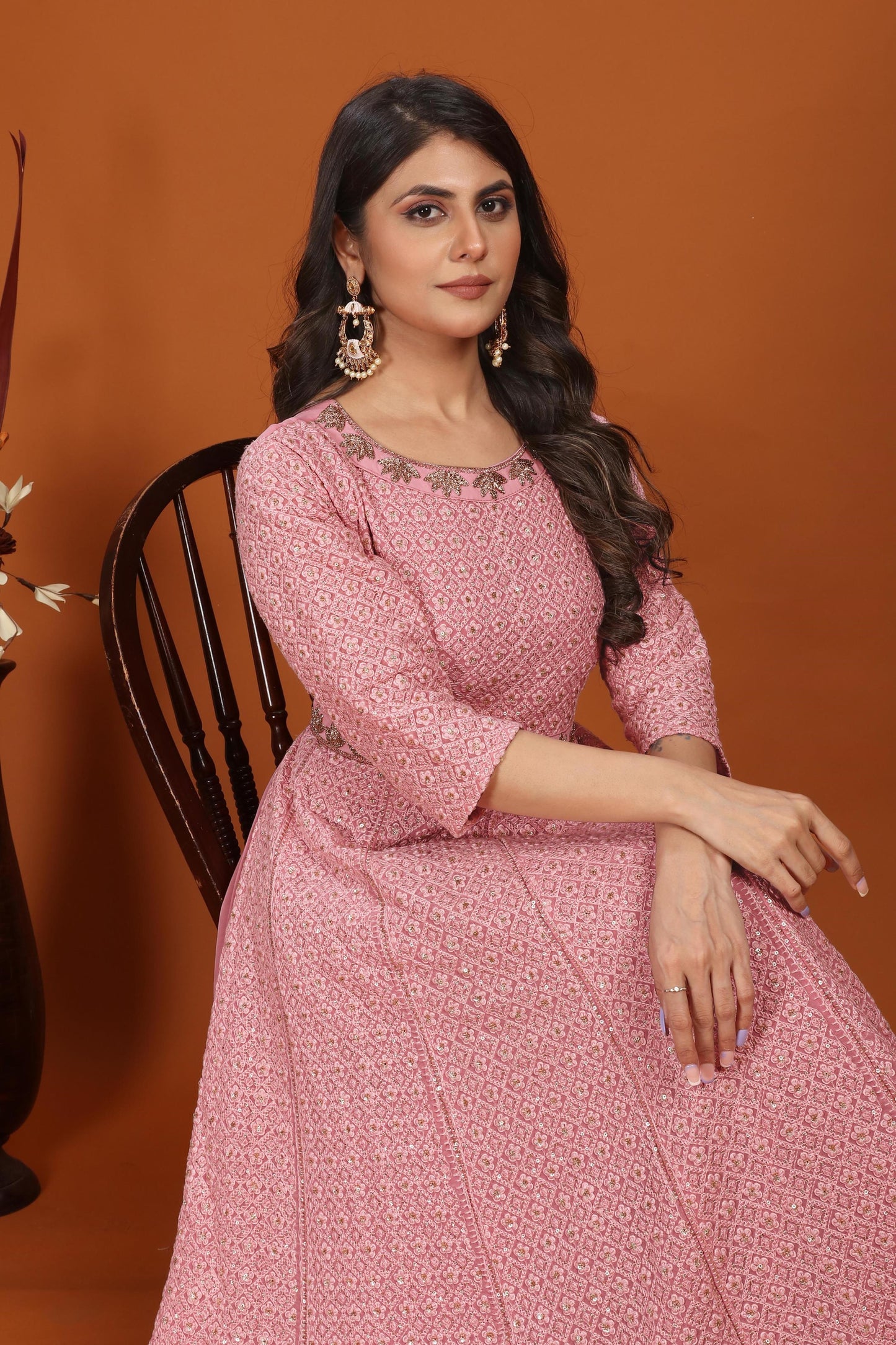 pink faux georgette embroidered long anarkali suit