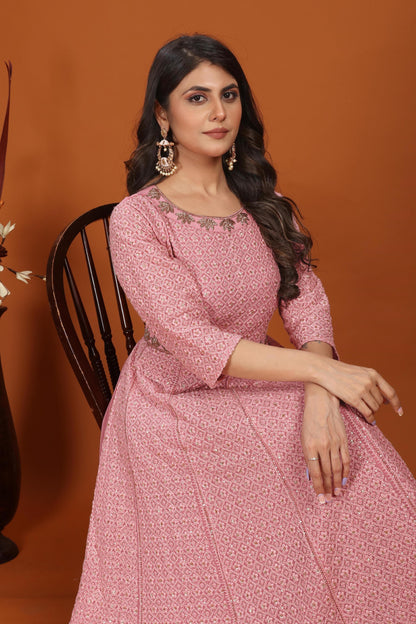 Pink Faux Georgette Embroidered Long Anarkali Suit