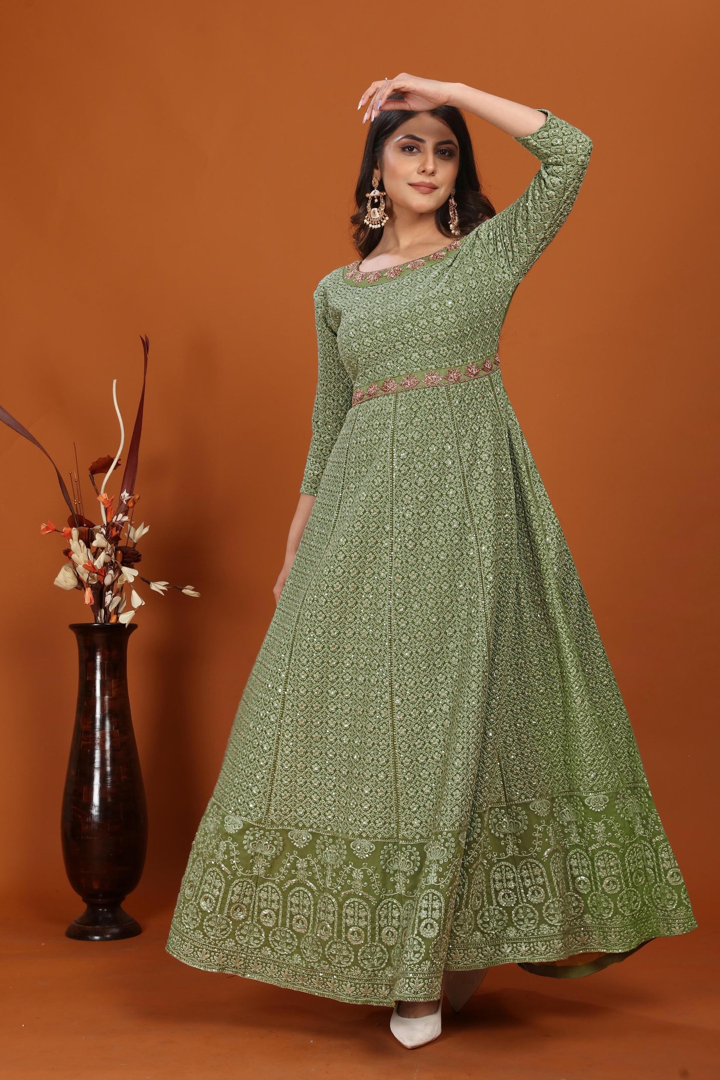 mehndi faux georgette embroidered long anarkali suit