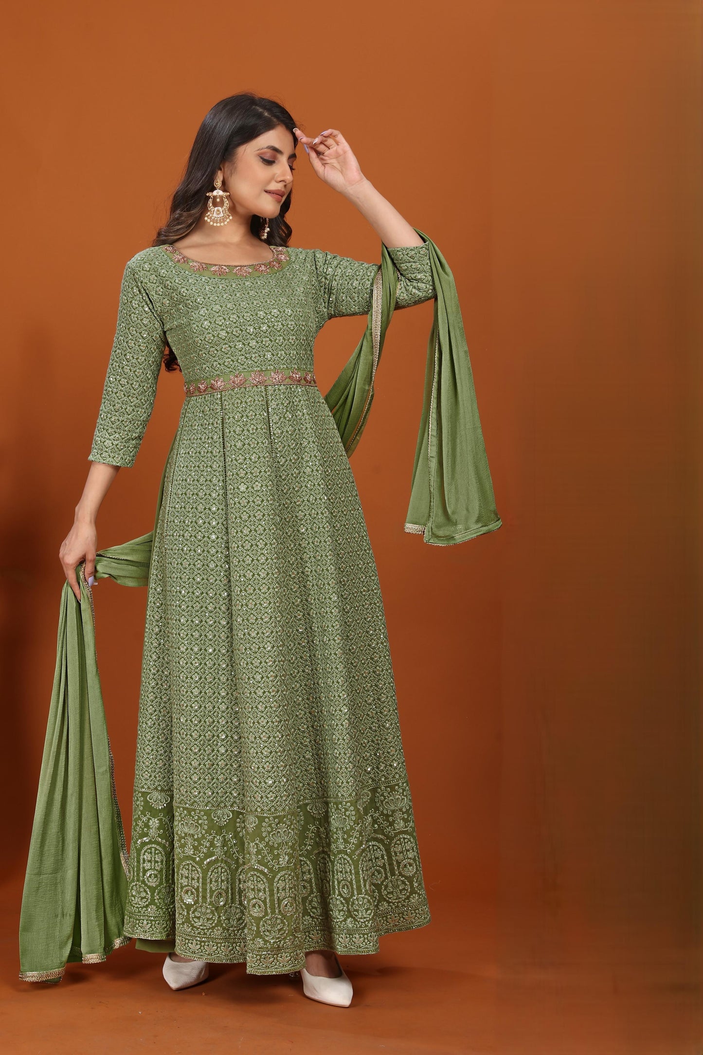 mehndi faux georgette embroidered long anarkali suit
