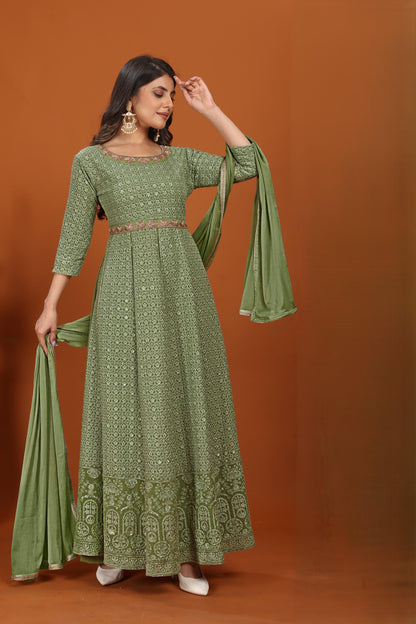 Mehndi Faux Georgette Embroidered Long Anarkali Suit
