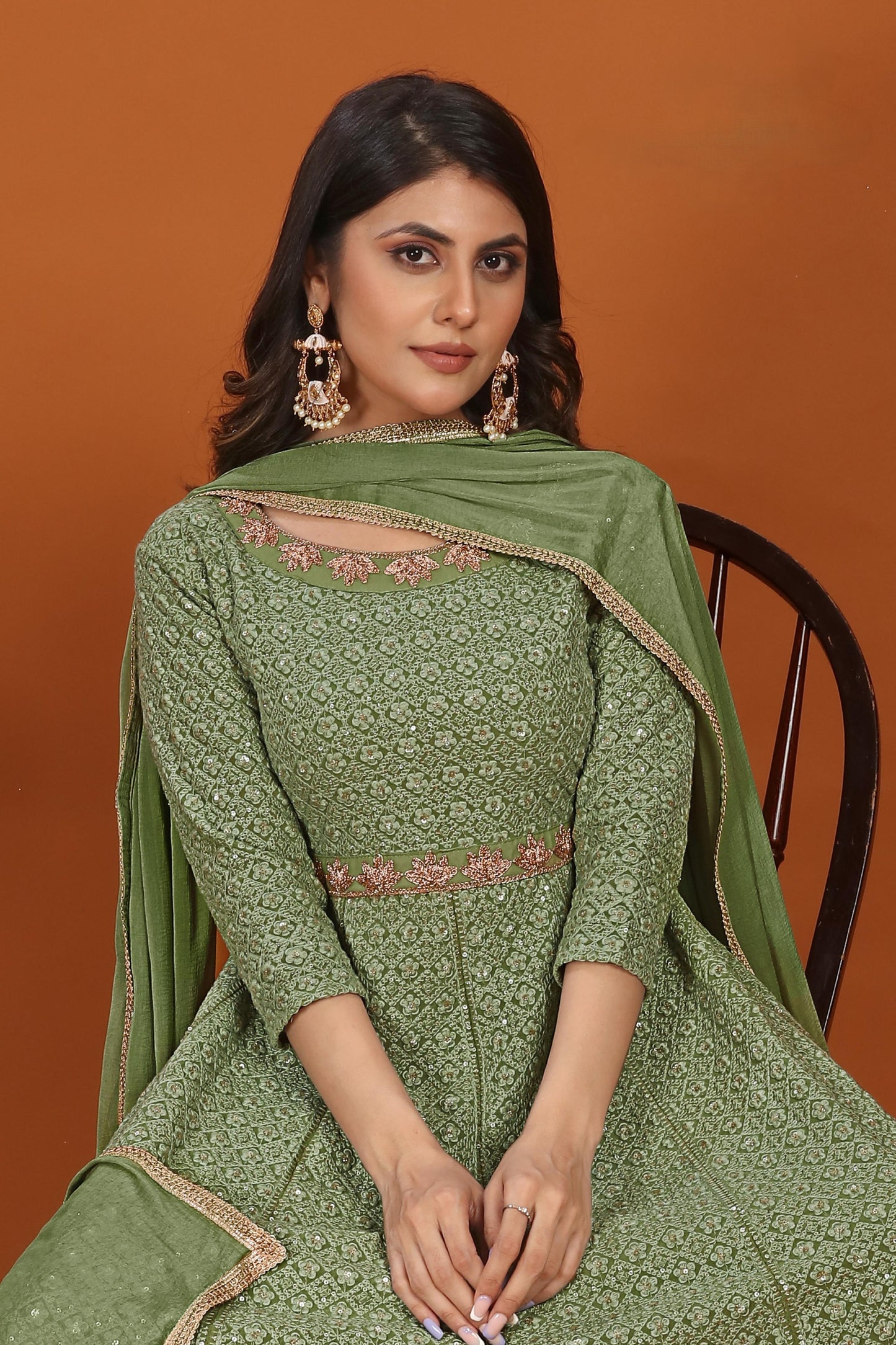 mehndi faux georgette embroidered long anarkali suit