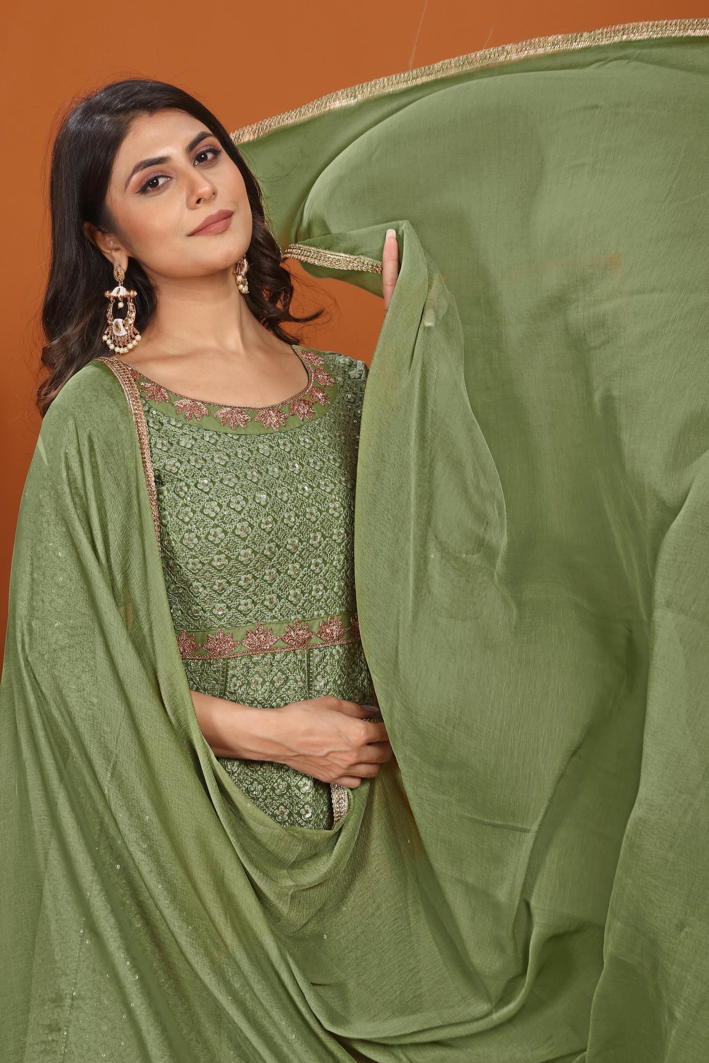 mehndi faux georgette embroidered long anarkali suit