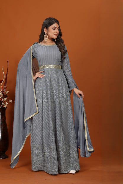 Grey Faux Georgette Embroidered Long Anarkali Suit