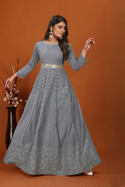 Grey Faux Georgette Embroidered Long Anarkali Suit