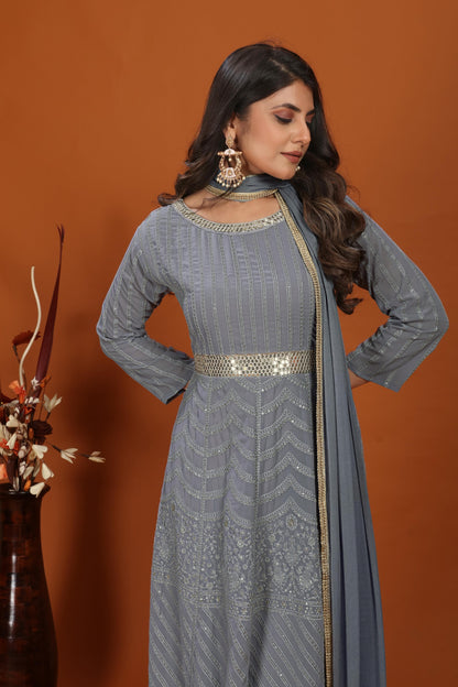 Grey Faux Georgette Embroidered Long Anarkali Suit