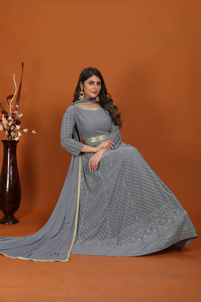 Grey Faux Georgette Embroidered Long Anarkali Suit