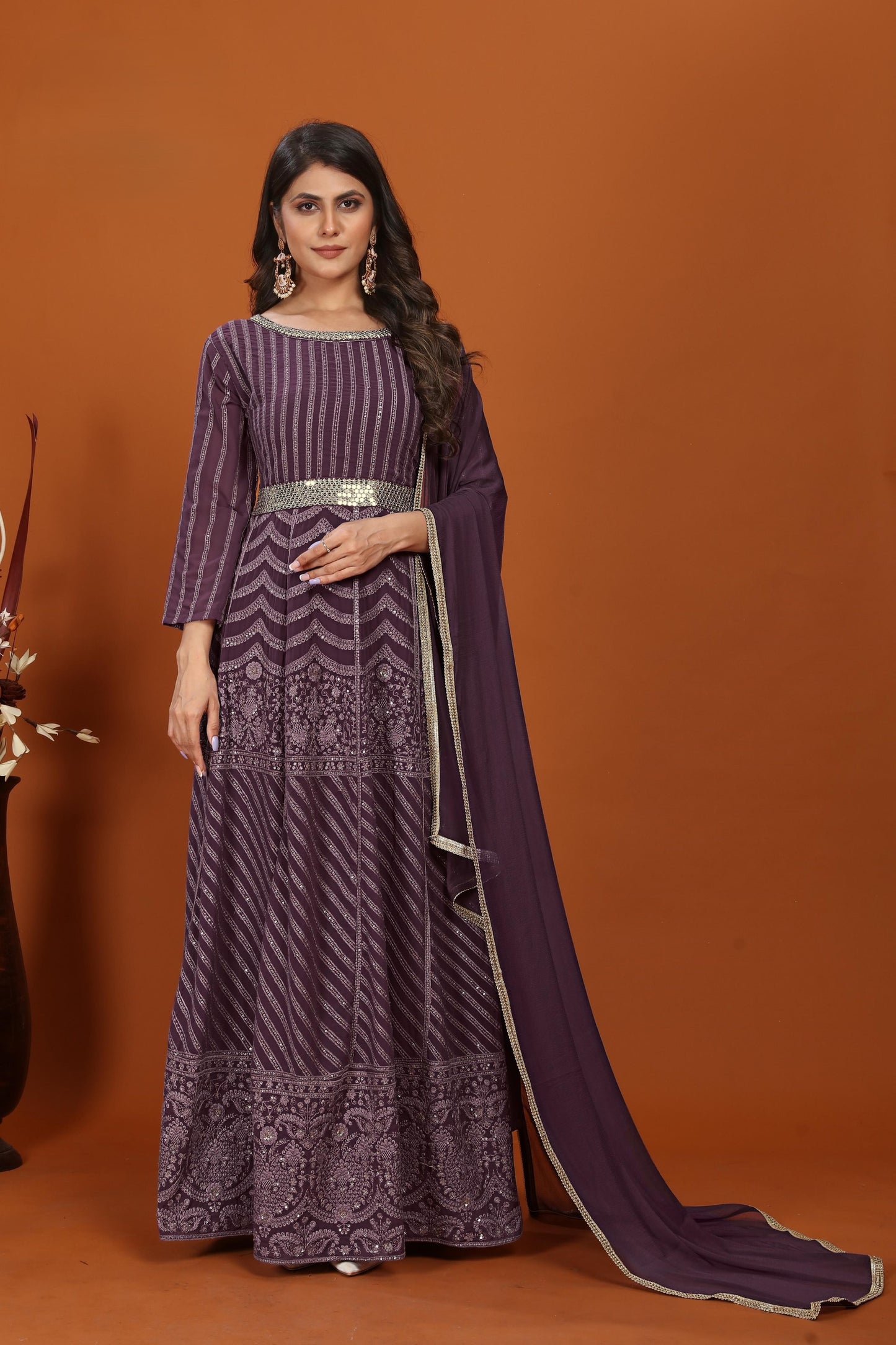 wine faux georgette embroidered long anarkali suit