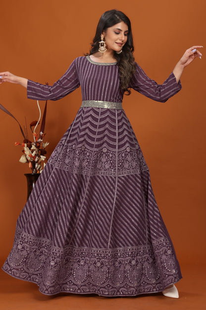 Wine Faux Georgette Embroidered Long Anarkali Suit