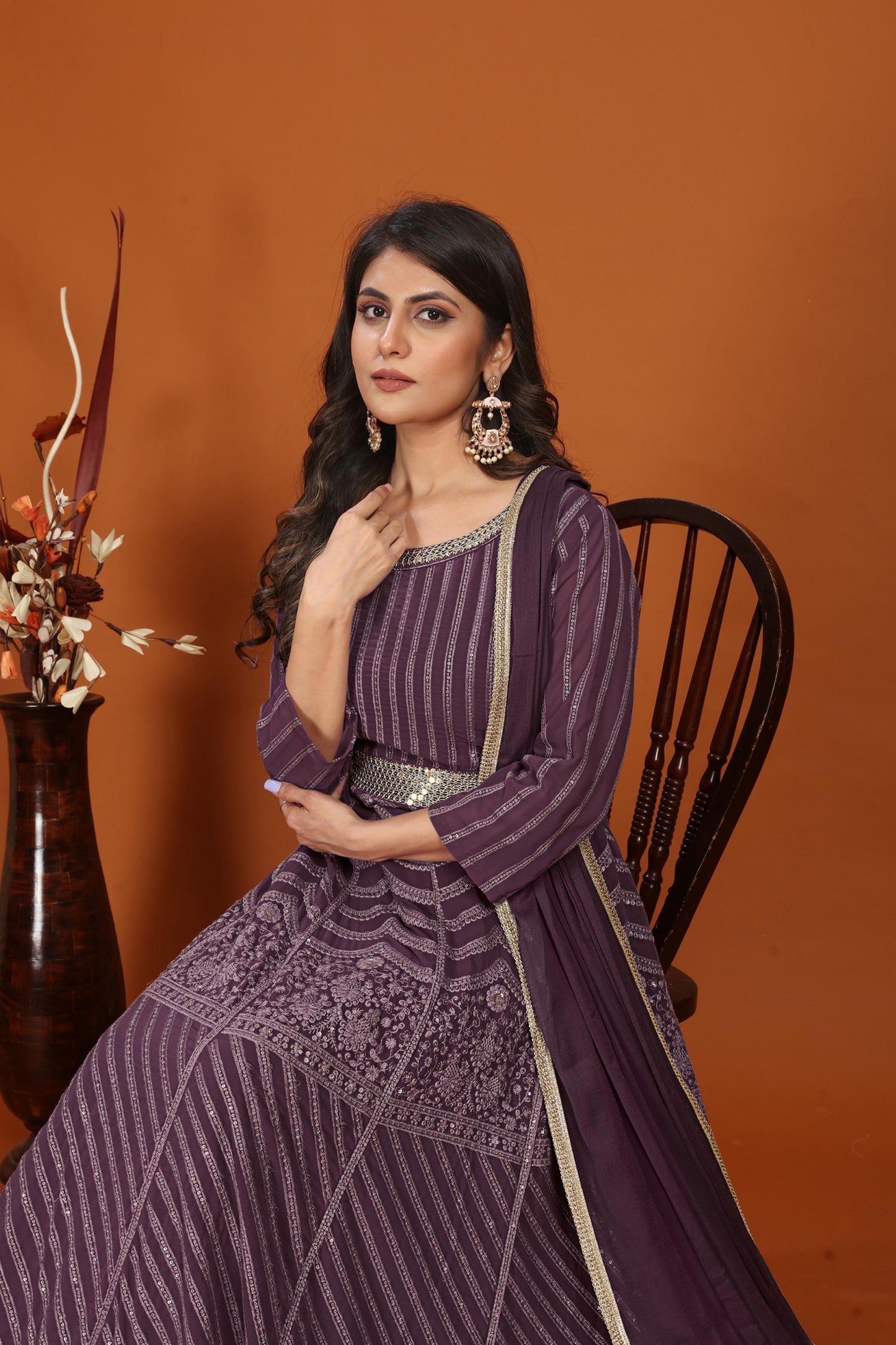 wine faux georgette embroidered long anarkali suit