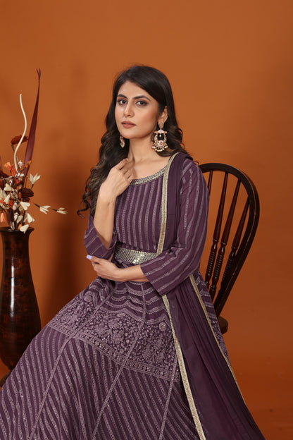 Wine Faux Georgette Embroidered Long Anarkali Suit