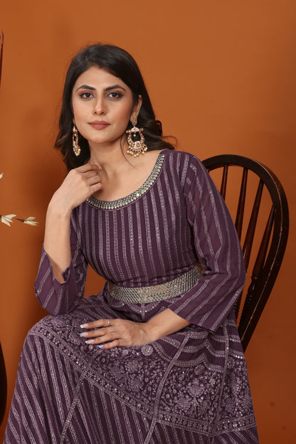 Wine Faux Georgette Embroidered Long Anarkali Suit