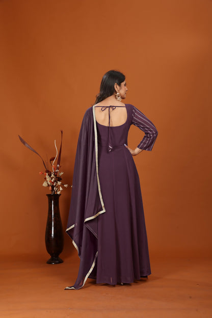 Wine Faux Georgette Embroidered Long Anarkali Suit