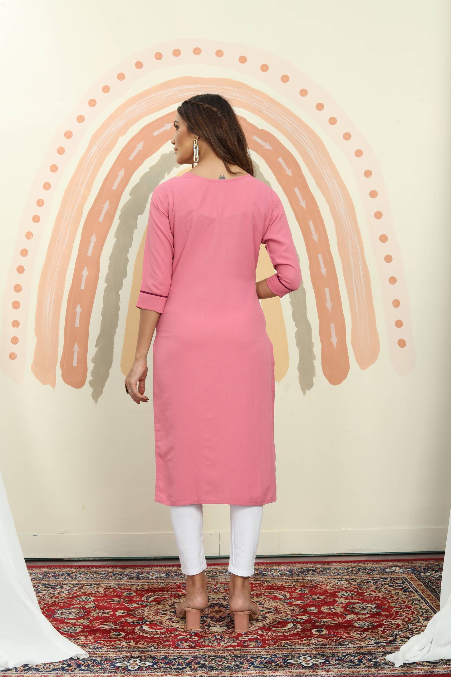 pink mirror embroidered cotton kurti with pent