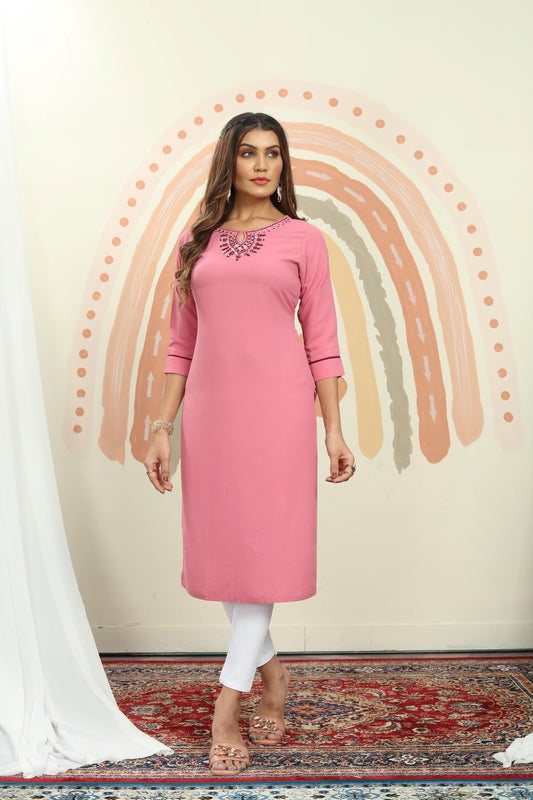 Pink Mirror Embroidered Cotton Kurti With Pent