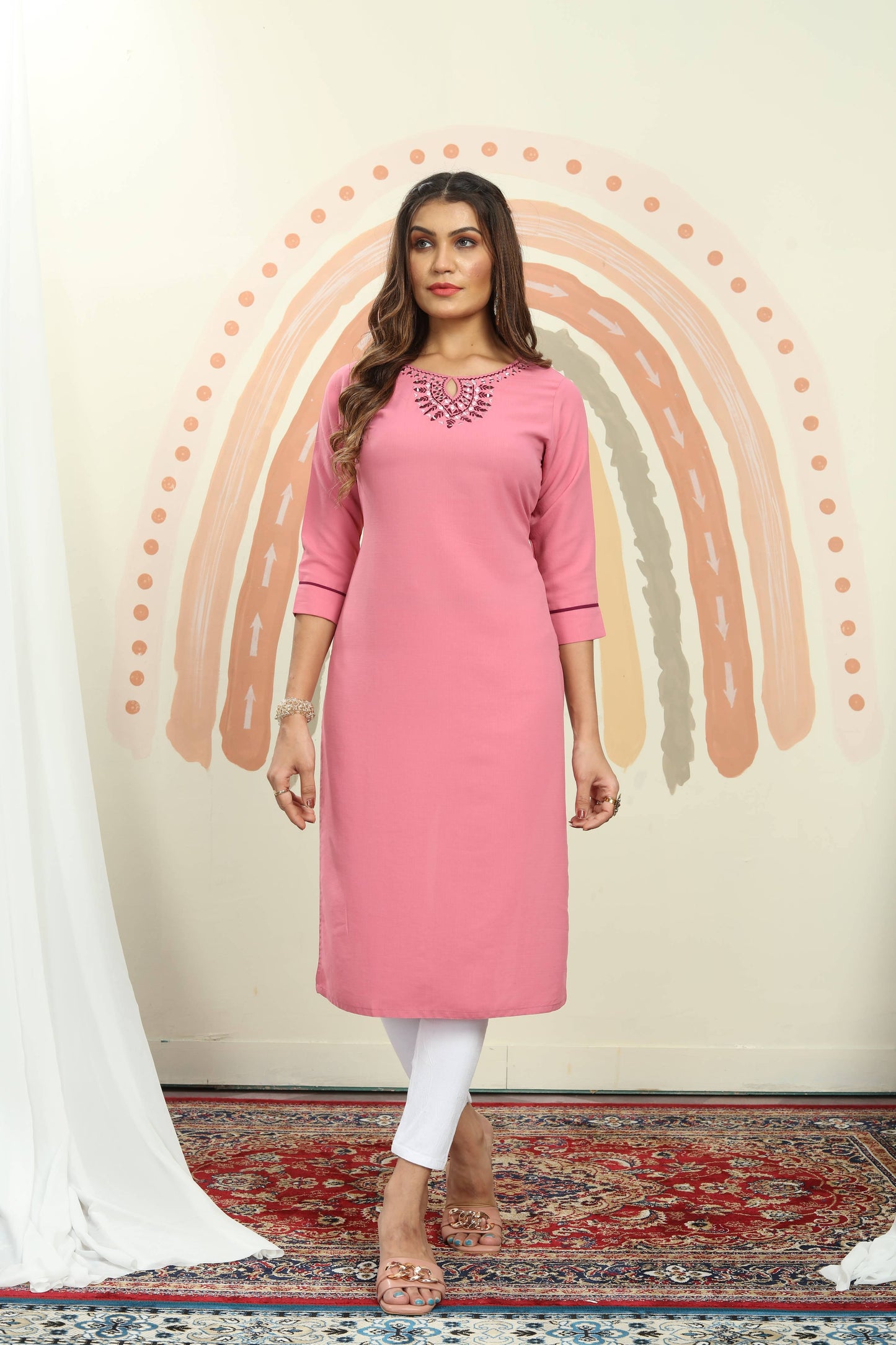 pink mirror embroidered cotton kurti with pent