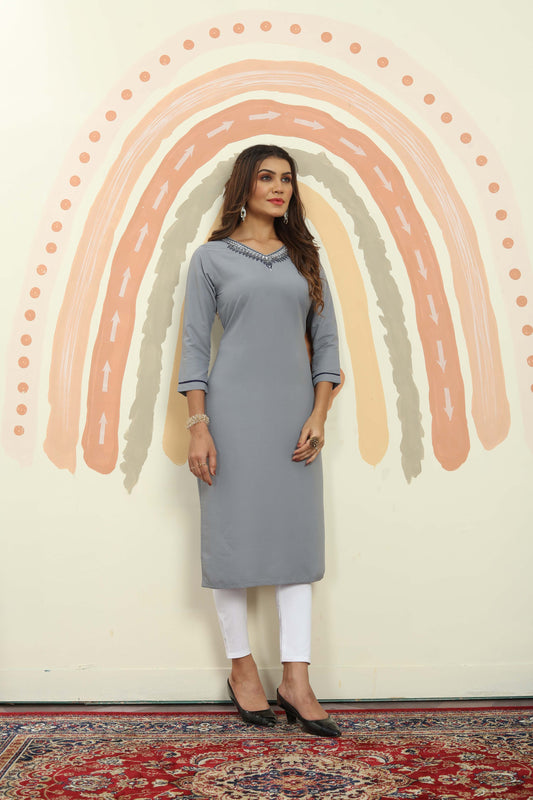 Grey Mirror Embroidered Cotton Kurti With Pent