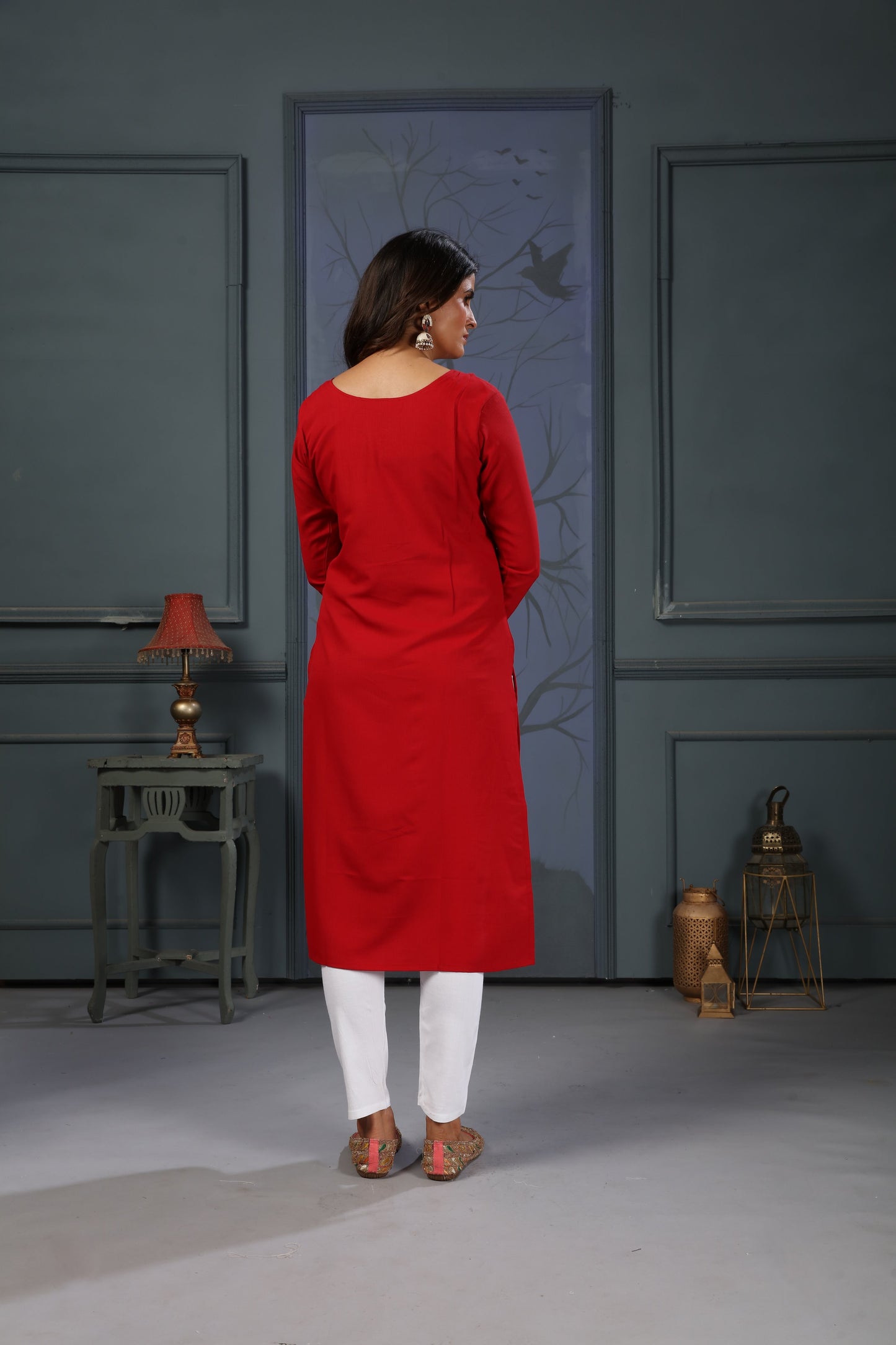 red embroidered cotton kurti set with pent