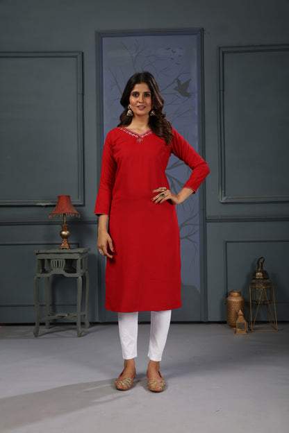 Red Embroidered Cotton Kurti Set With Pent