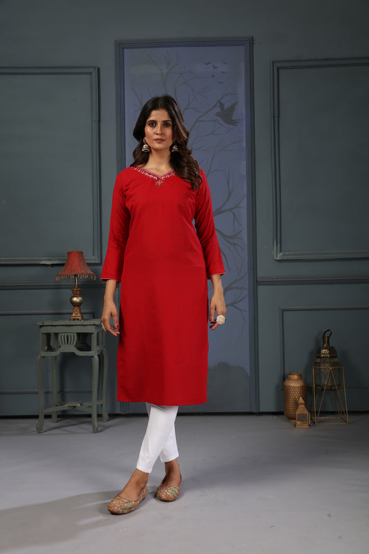 Red Embroidered Cotton Kurti Set With Pent