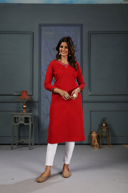 Red Embroidered Cotton Kurti Set With Pent