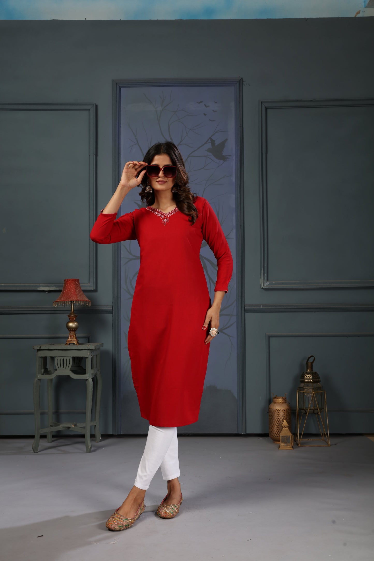 red embroidered cotton kurti set with pent