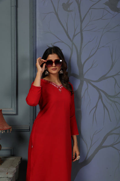 Red Embroidered Cotton Kurti Set With Pent
