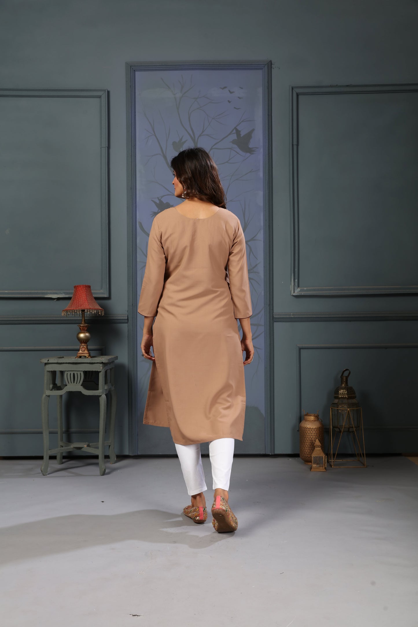 beige embroidered cotton kurti set with pent