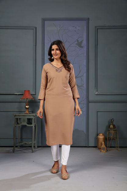 Beige Embroidered Cotton Kurti Set With Pent