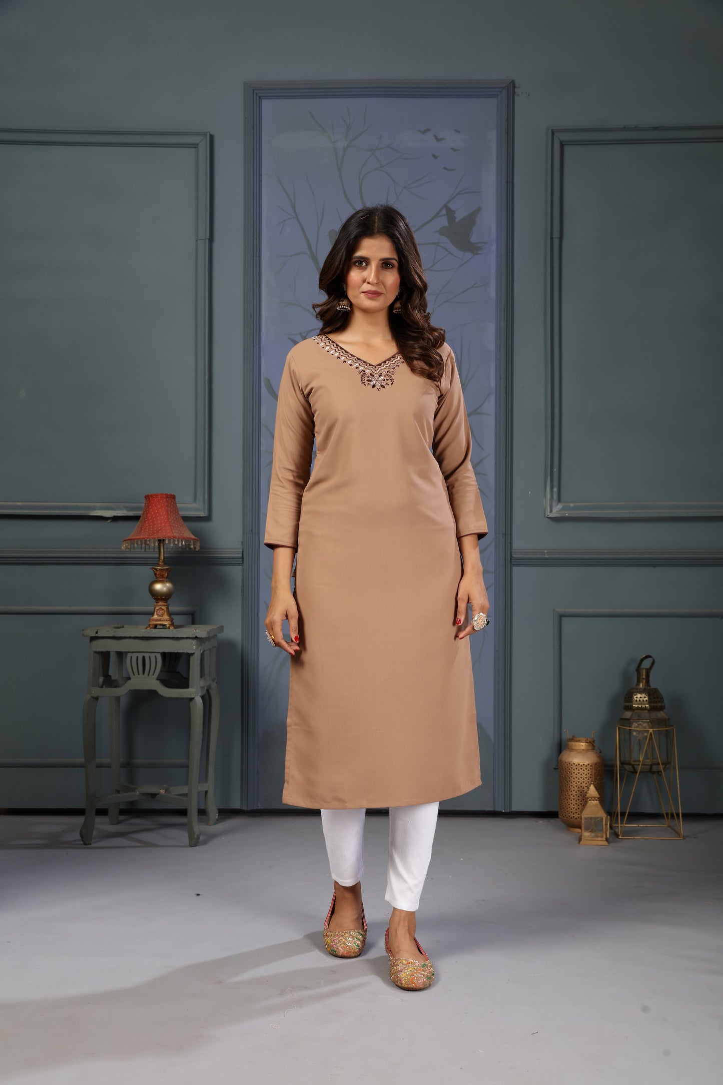 beige embroidered cotton kurti set with pent