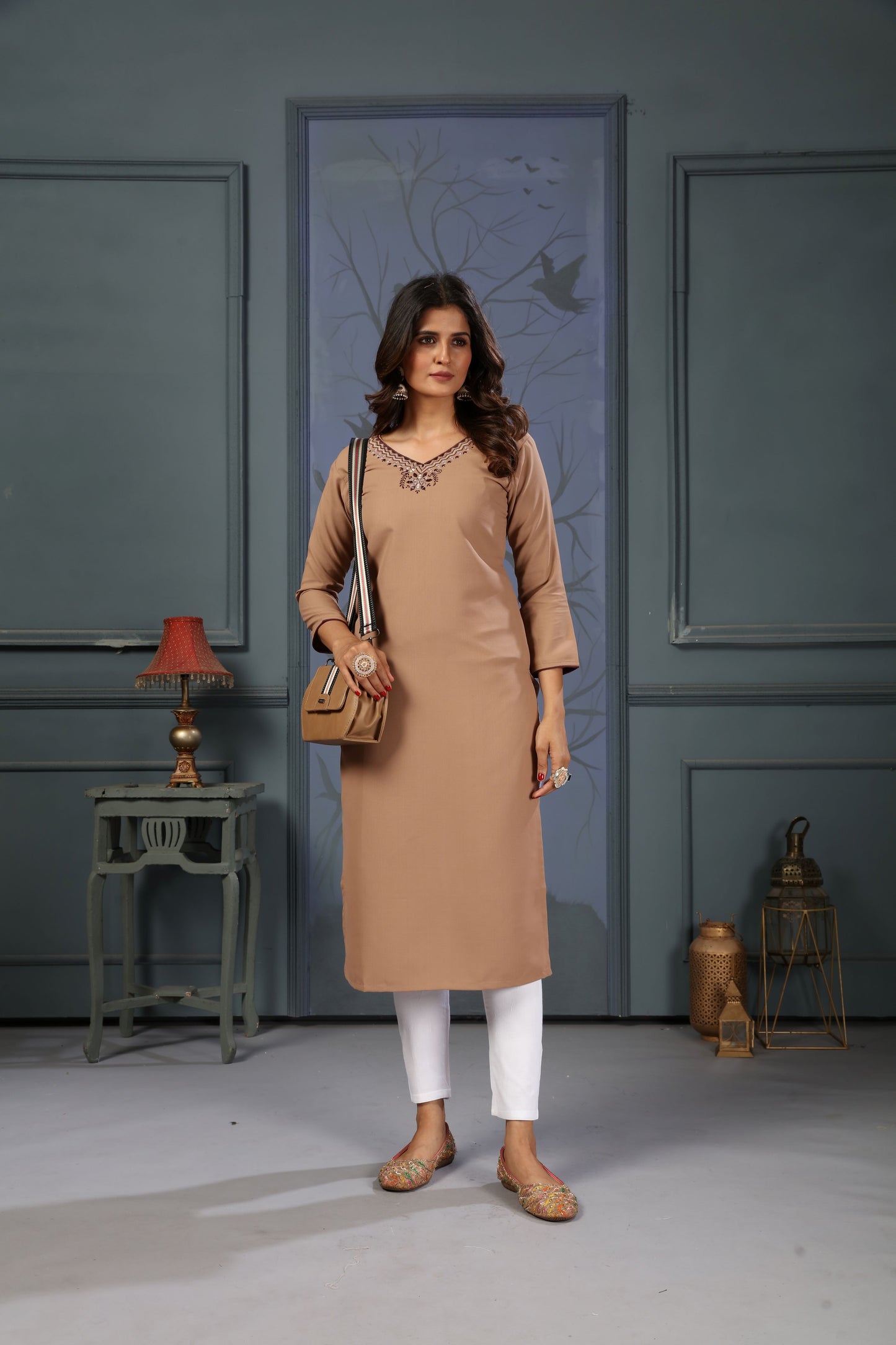 beige embroidered cotton kurti set with pent