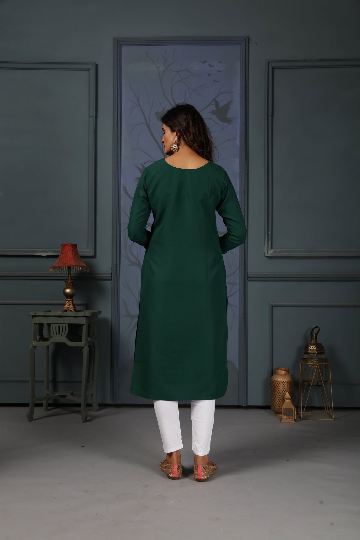 green embroidered cotton kurti set with pent