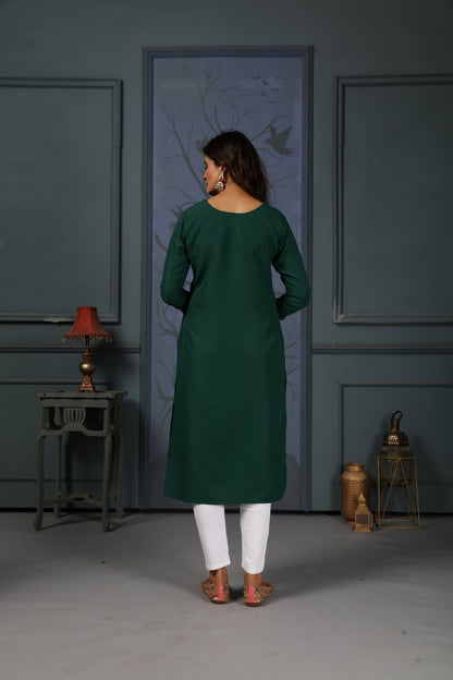 Green Embroidered Cotton Kurti Set With Pent