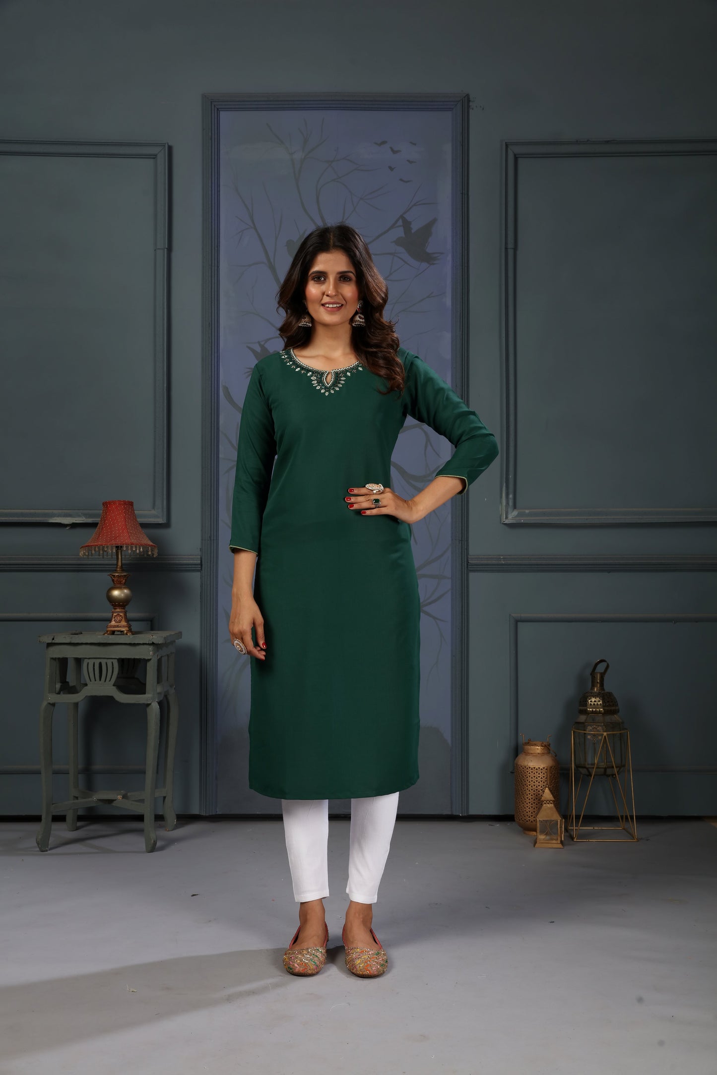 green embroidered cotton kurti set with pent