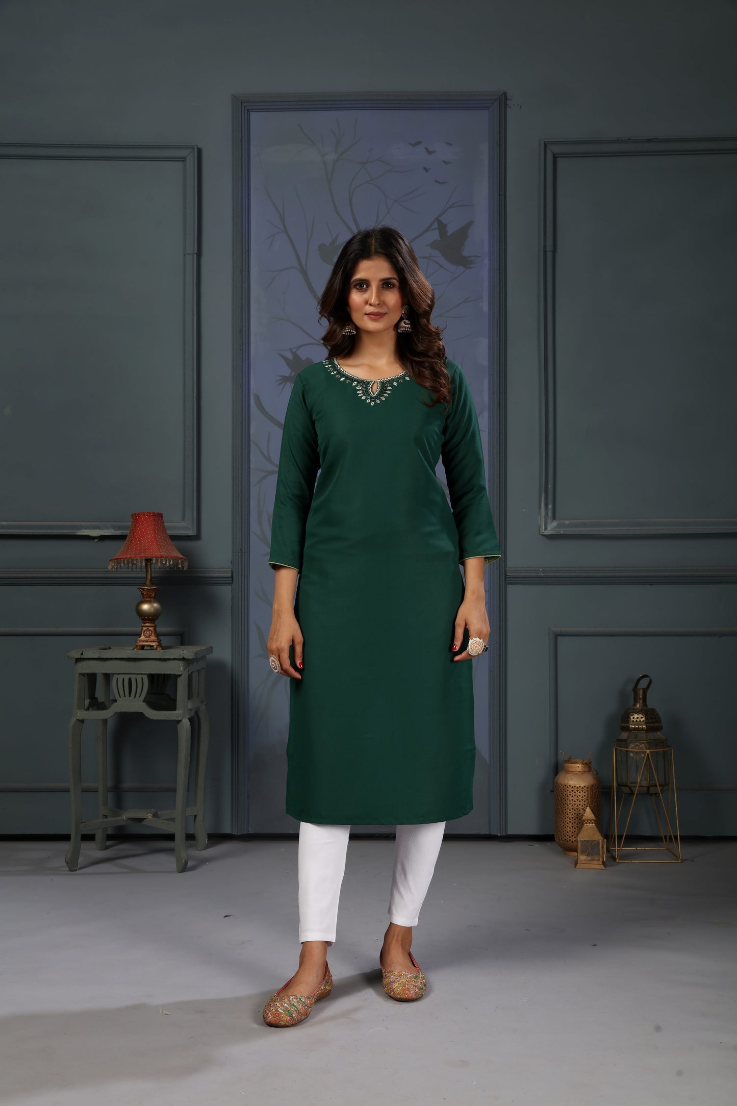 green embroidered cotton kurti set with pent