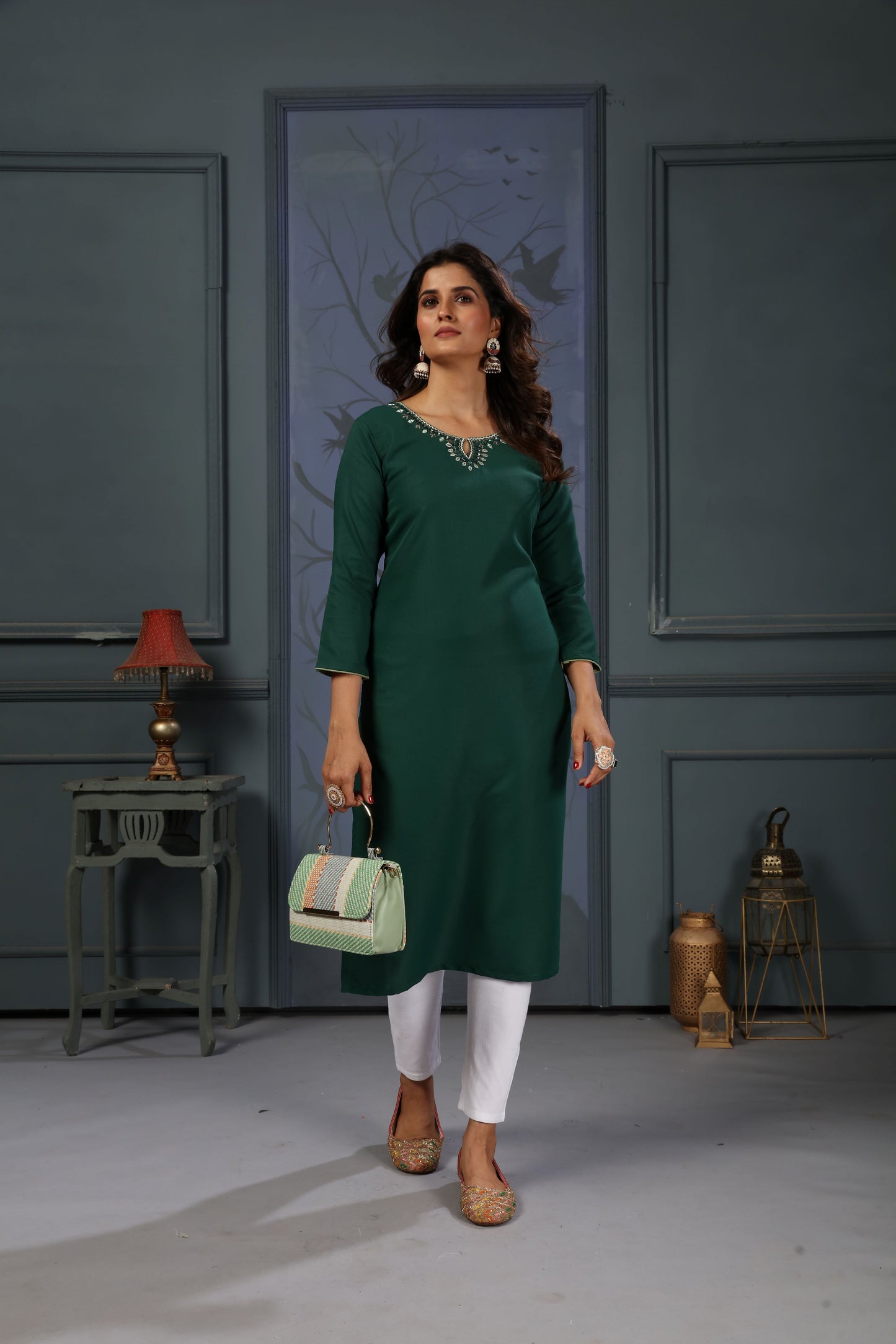green embroidered cotton kurti set with pent