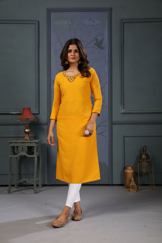 Yellow Embroidered Cotton Kurti Set With Pent
