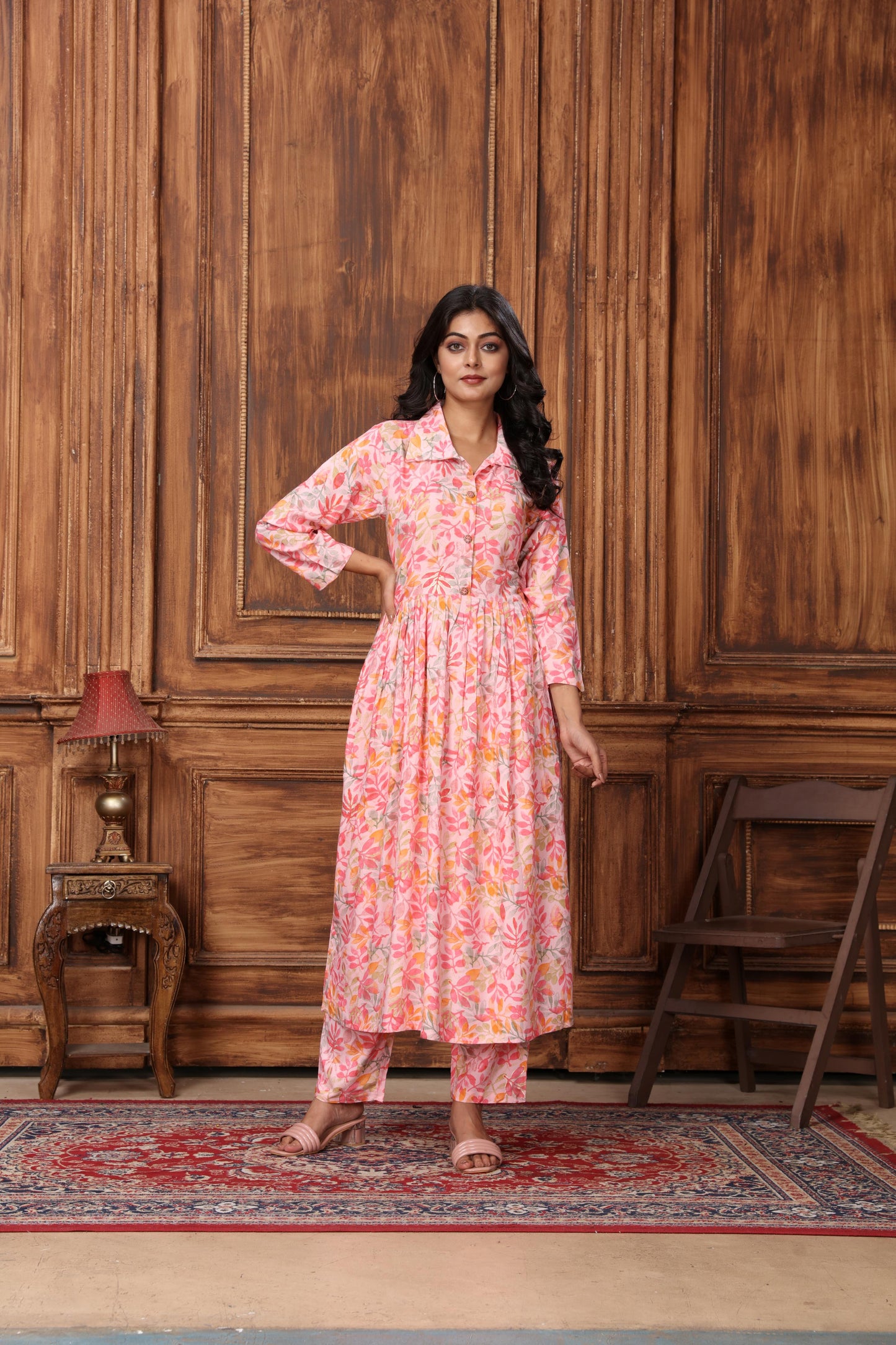 peach floral printed rayon co-ord set