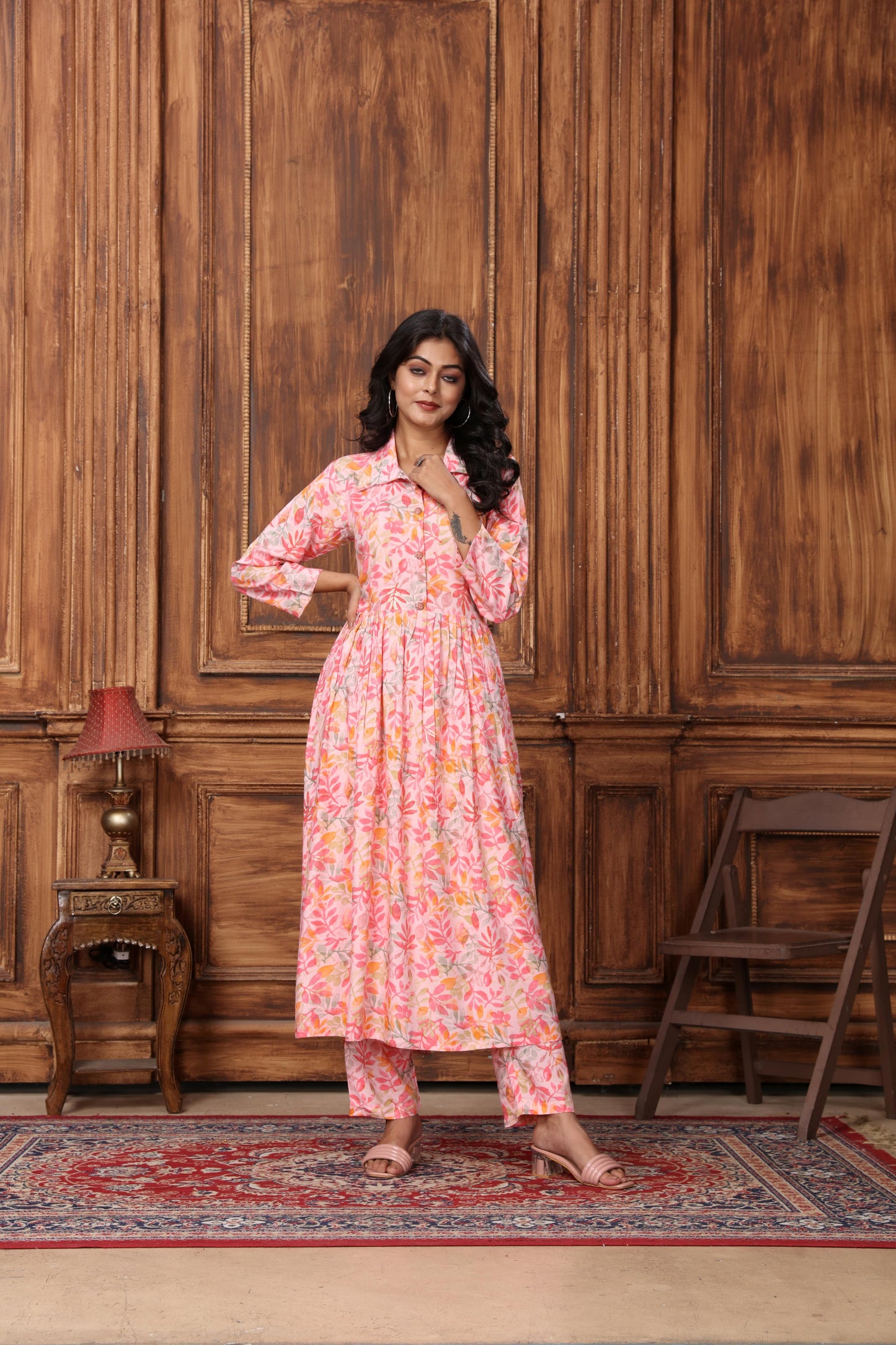 peach floral printed rayon co-ord set