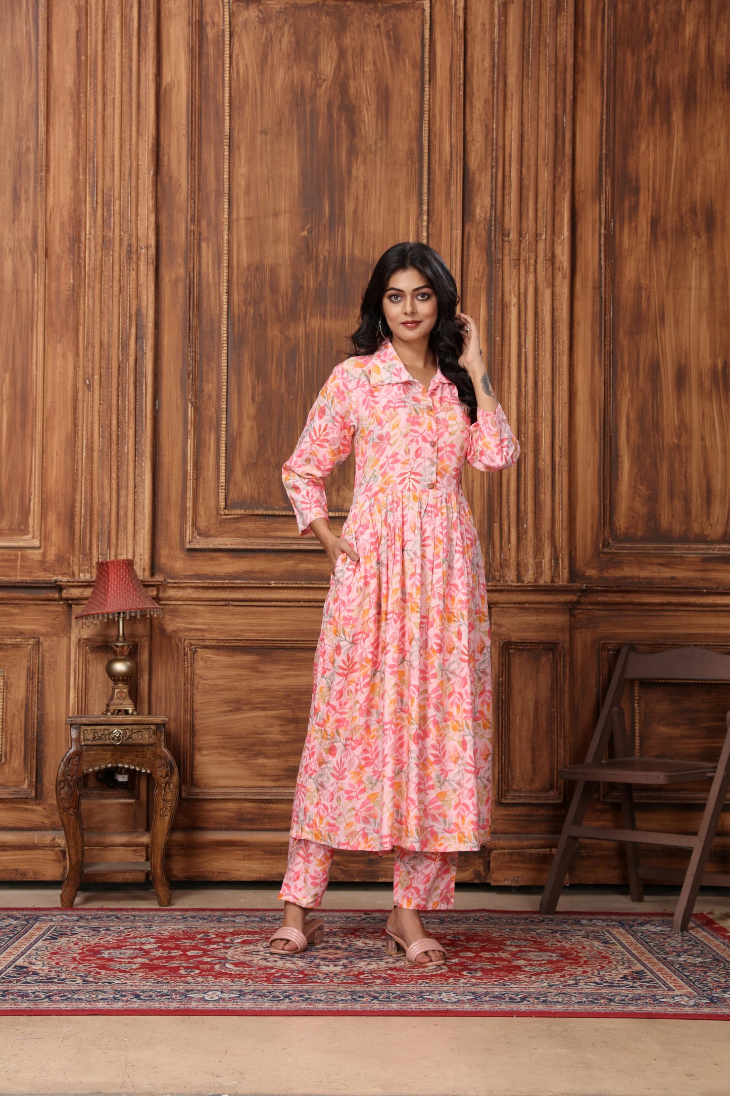 peach floral printed rayon co-ord set
