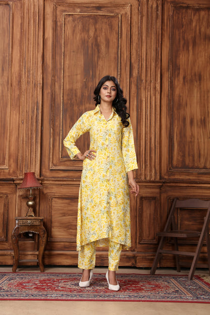 Yellow Floral Printed Rayon Co-Ord Set