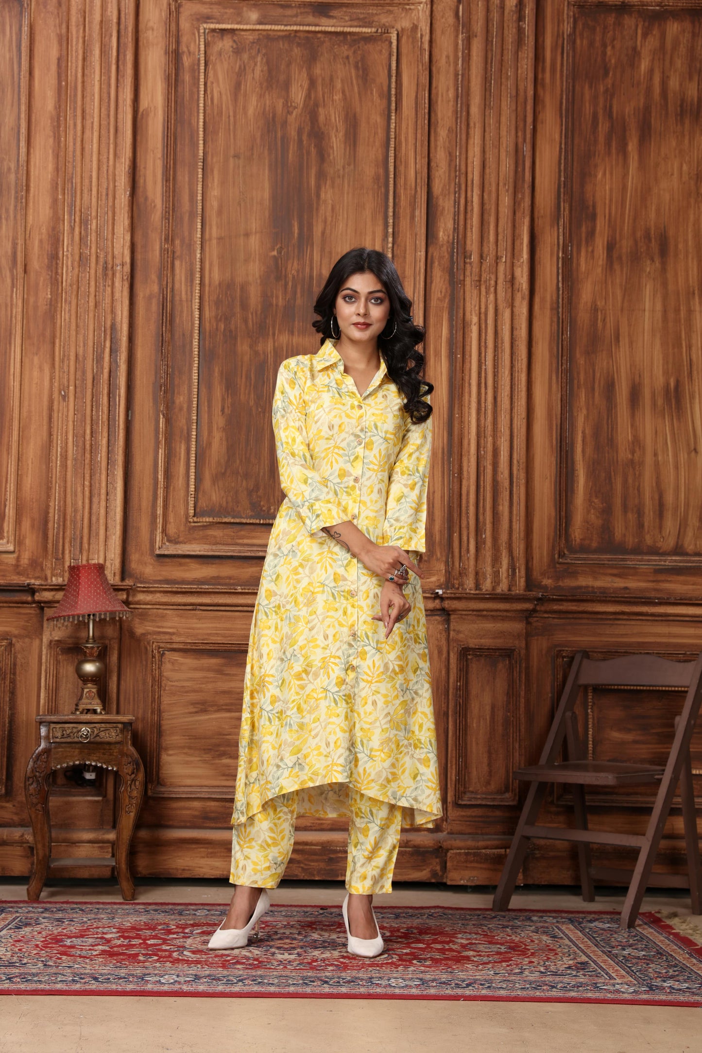 yellow floral printed rayon co-ord set