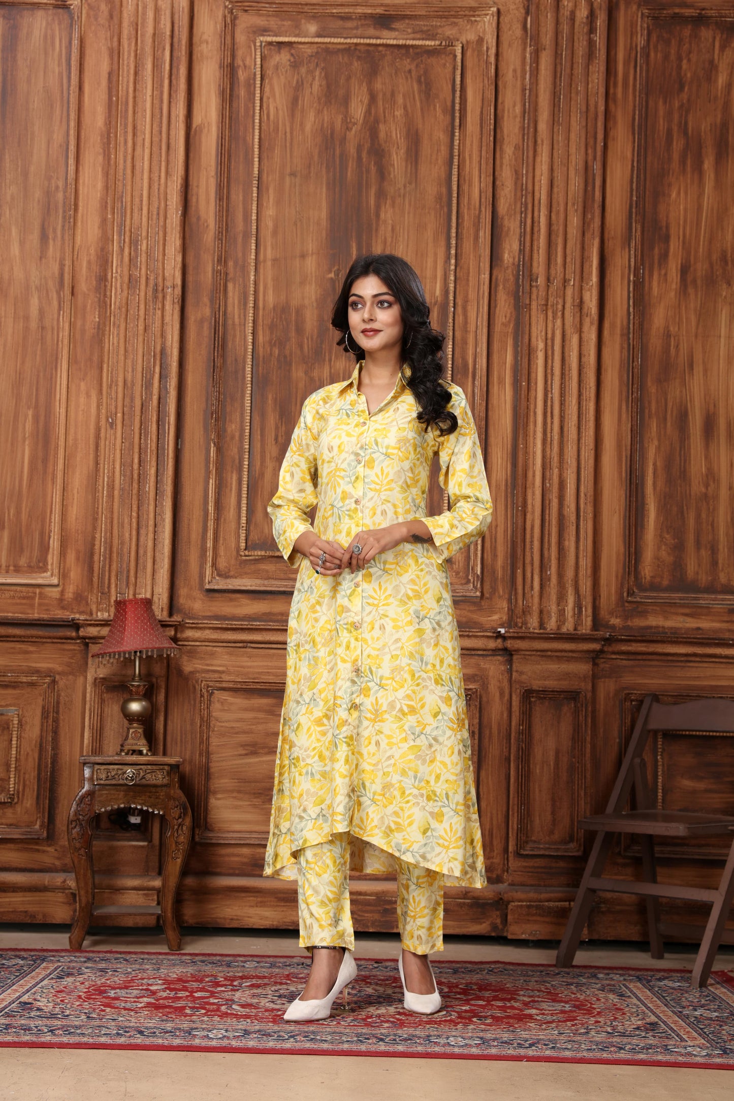 yellow floral printed rayon co-ord set
