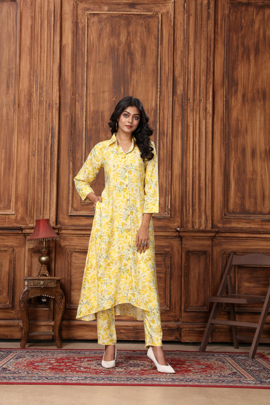 Yellow Floral Printed Rayon Co-Ord Set