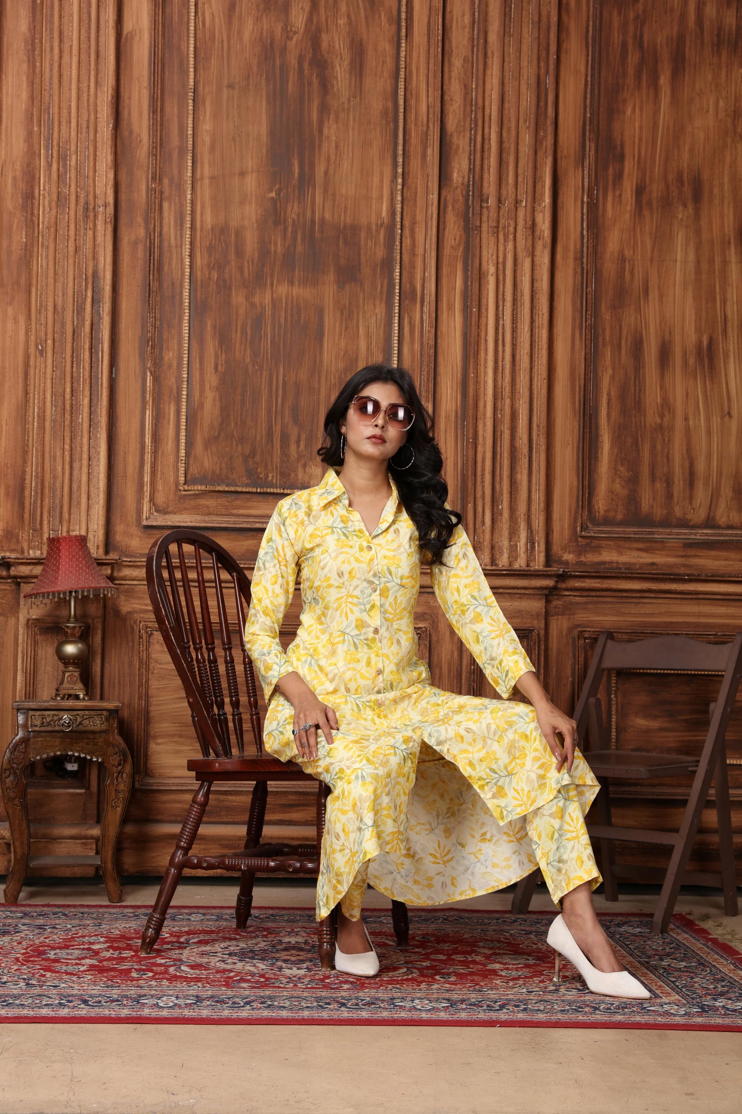 yellow floral printed rayon co-ord set