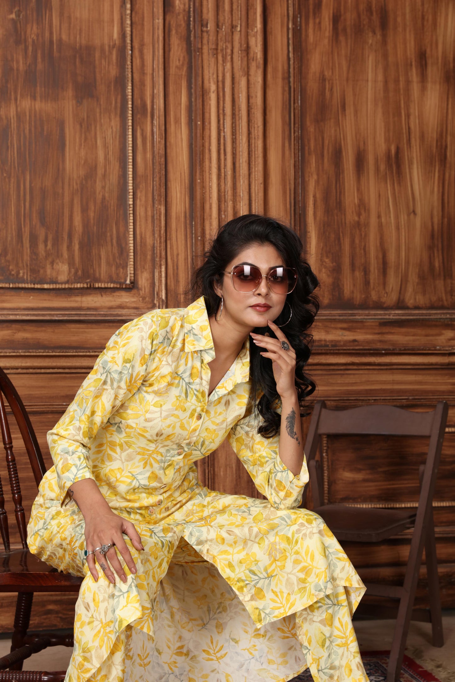 yellow floral printed rayon co-ord set